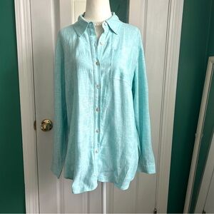 Pure Cross-Dyed Linen Button Down Lt. Aqua Tunic Shirt Small